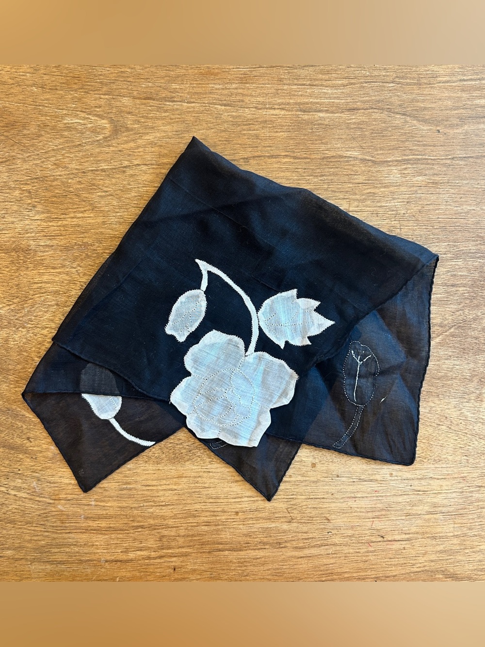 Vintage Black Sheer Scarf with Delicate White Floral Appliqué